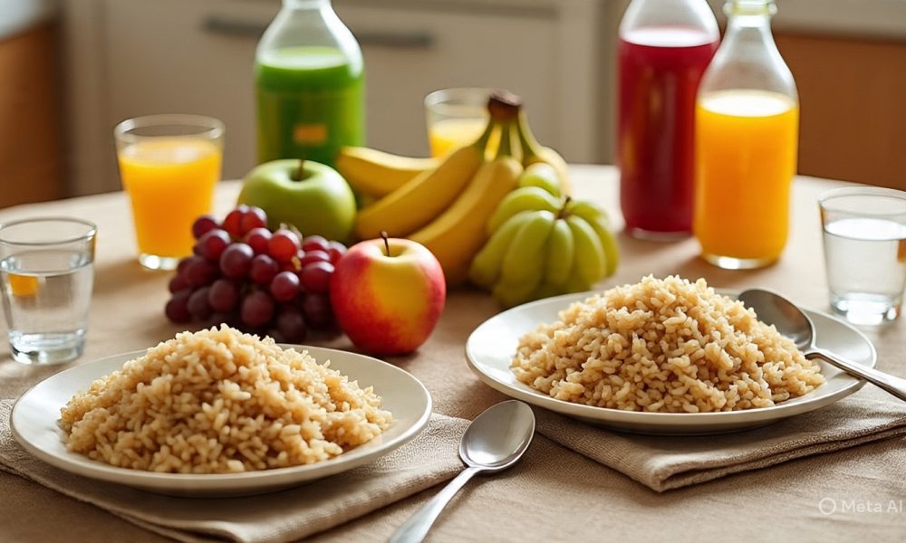 plates_of_brown_rice_with_fruit_juices