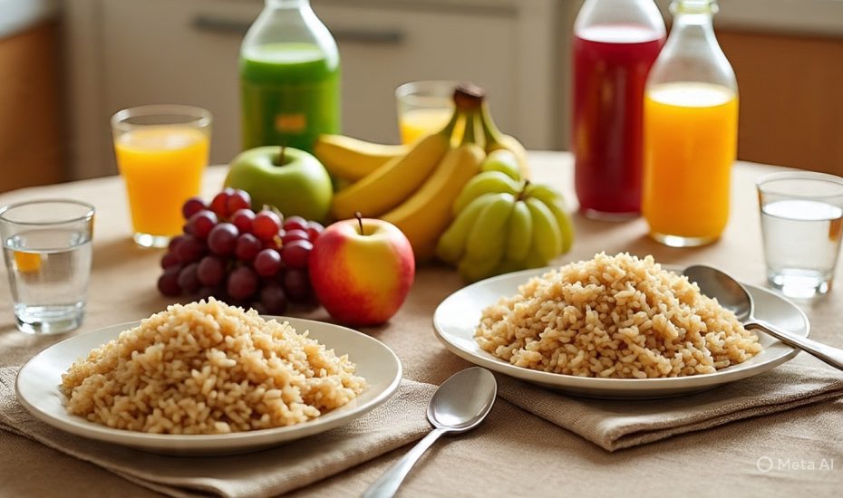 plates_of_brown_rice_with_fruit_juices